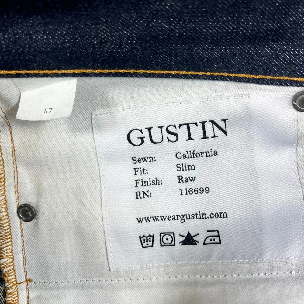 Gustin Mens Raw Selvedge Denim Jeans Indigo Blue Button Fly Straight Leg Size 30